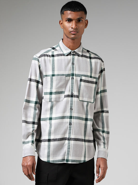 Nuon Grey Plaid Checked Cotton Relaxed-Fit Shirt