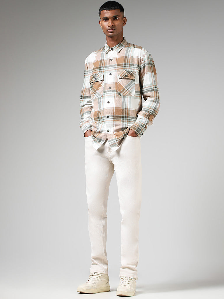 Nuon Off White Plaid Checked Cotton Relaxed Fit Shirt