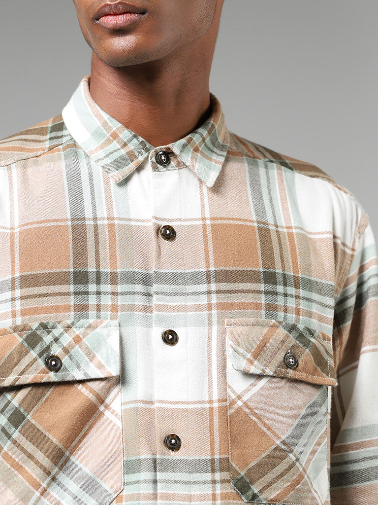 Nuon Off White Plaid Checked Cotton Relaxed Fit Shirt