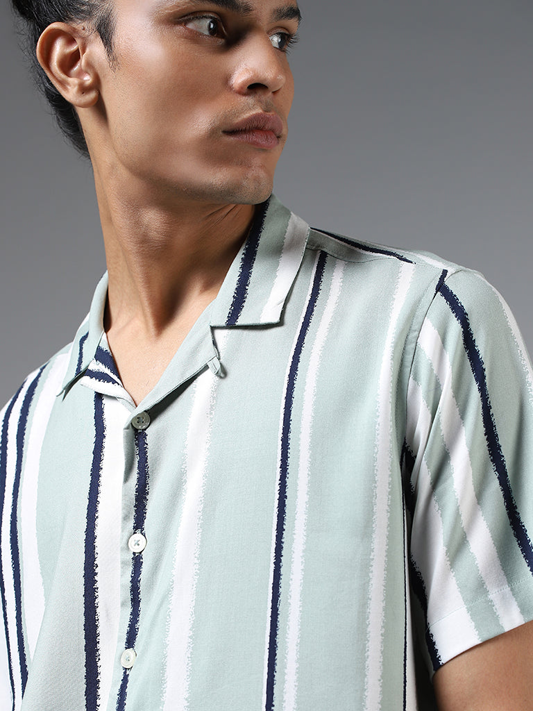 Nuon Sage Green Striped Relaxed Fit Shirt