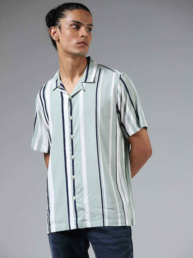 Nuon Sage Green Striped Relaxed Fit Shirt