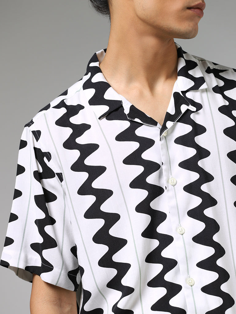 Nuon White Zig Zag Printed Relaxed Fit Shirt