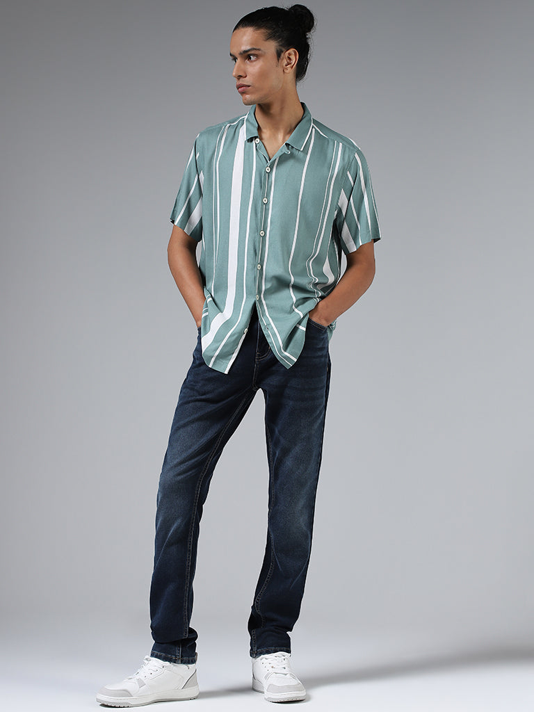 Nuon Aqua Green Striped Relaxed Fit Shirt