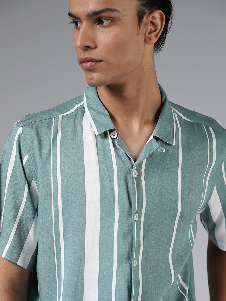 Nuon Aqua Green Striped Relaxed Fit Shirt