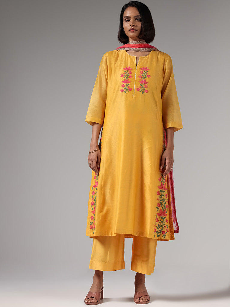 Buy Vark Yellow Floral Embroidery Kurta, Palazzos & Dupatta Set from