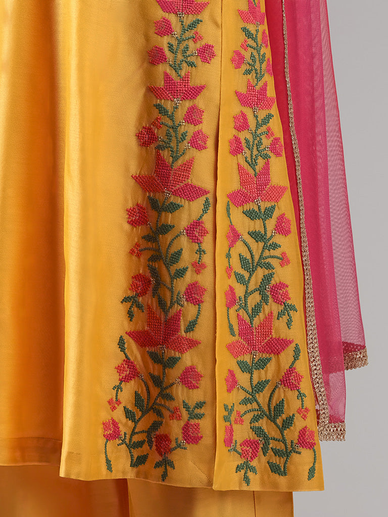 Vark Yellow Floral Embroidery Kurta, Palazzos & Dupatta Set