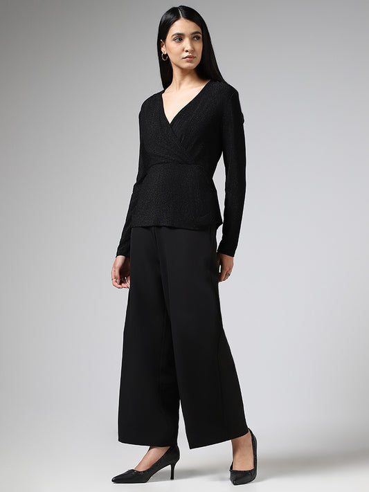 Wardrobe Black Surplice Neck Shimmer Top