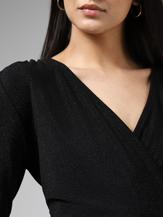 Wardrobe Black Surplice Neck Shimmer Top