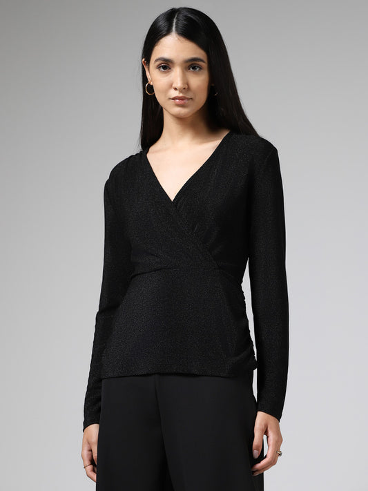 Wardrobe Black Surplice Neck Shimmer Top