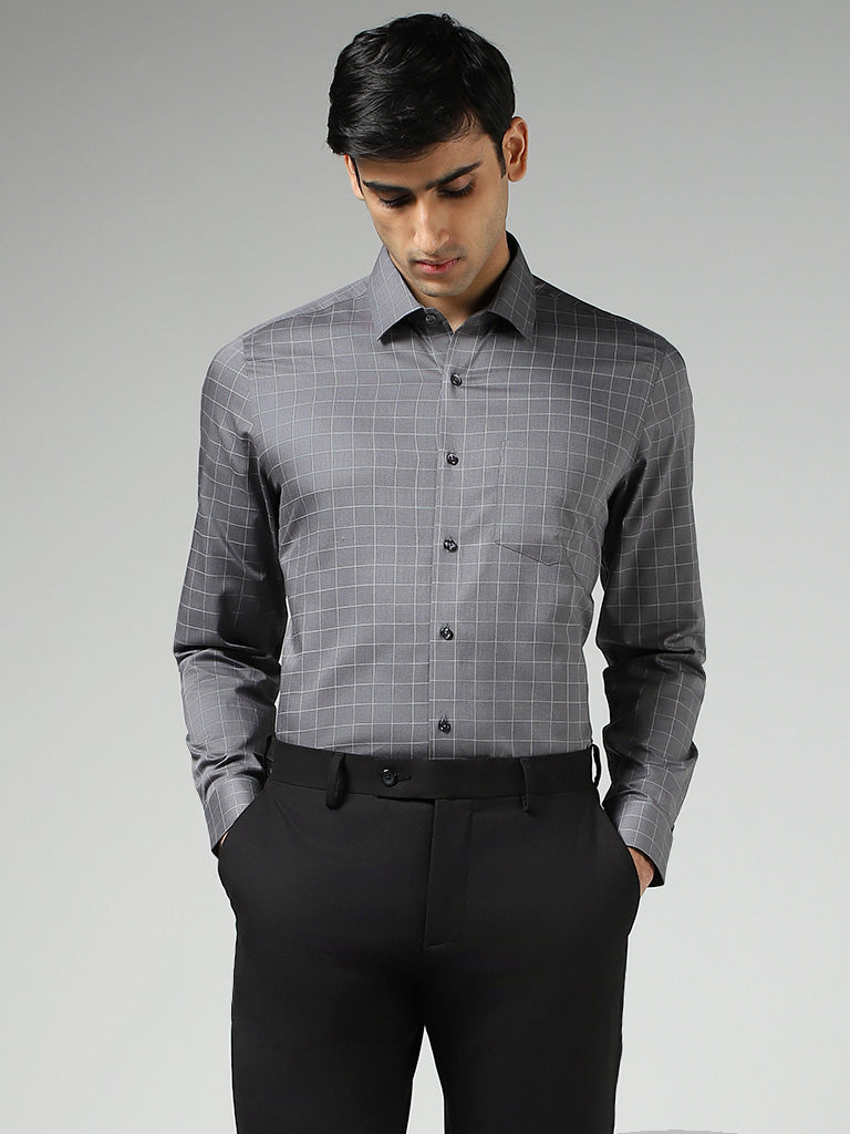 WES Formals Grey Graph Checked Cotton Relaxed Fit Shirt