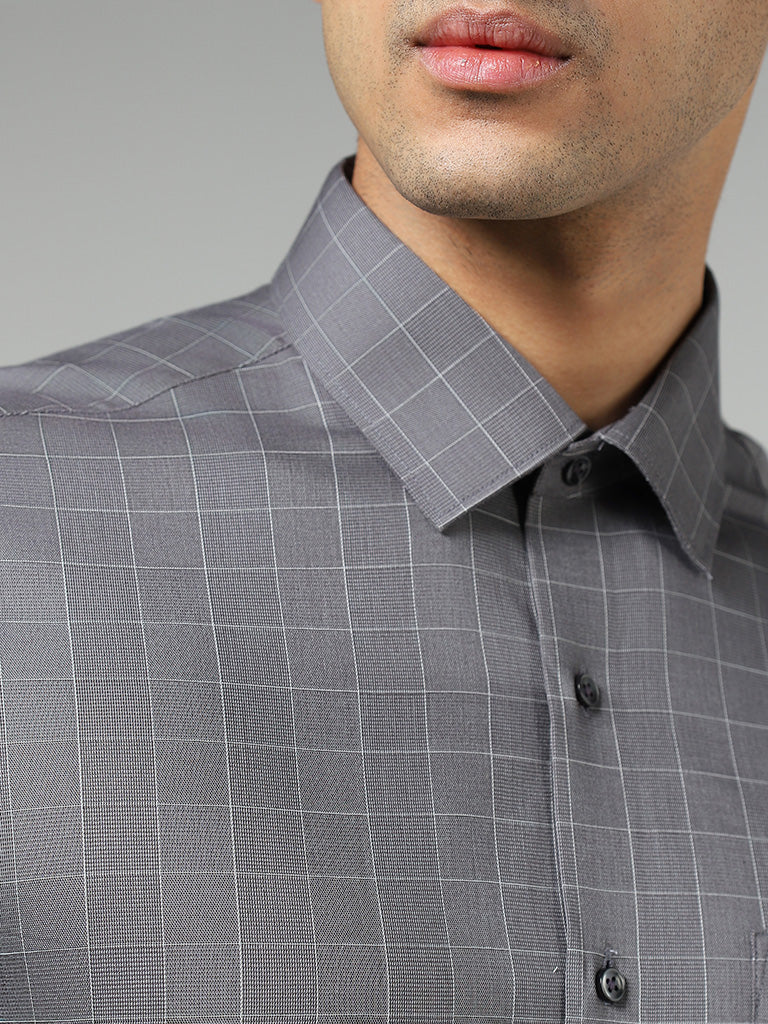 WES Formals Grey Graph Checked Cotton Relaxed Fit Shirt
