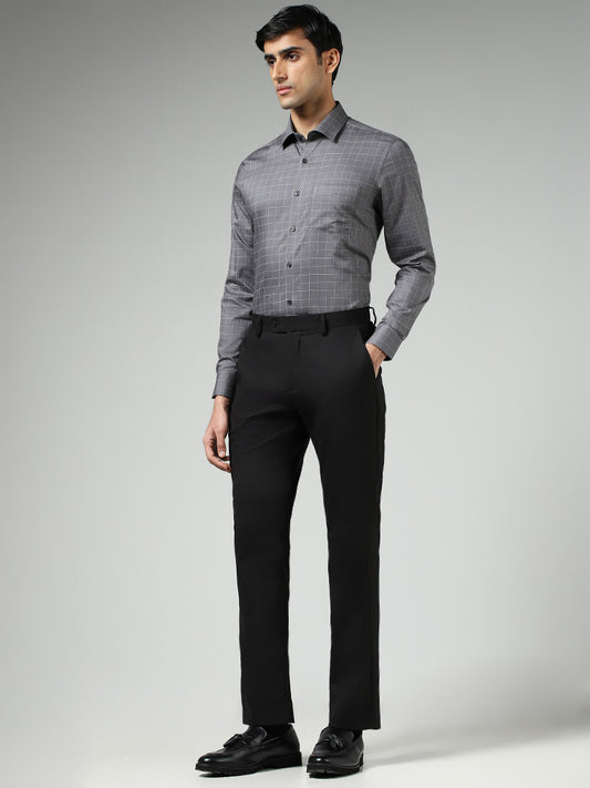 WES Formals Grey Graph Checked Cotton Relaxed-Fit Shirt