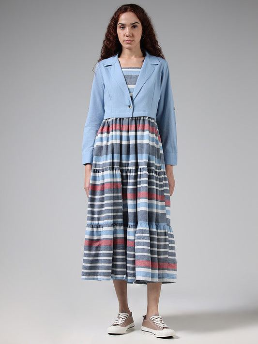 Bombay Paisley Blue Striped Dress With Solid Jacket