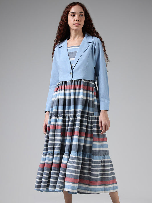 Bombay Paisley Blue Striped Cotton Dress With Solid Jacket