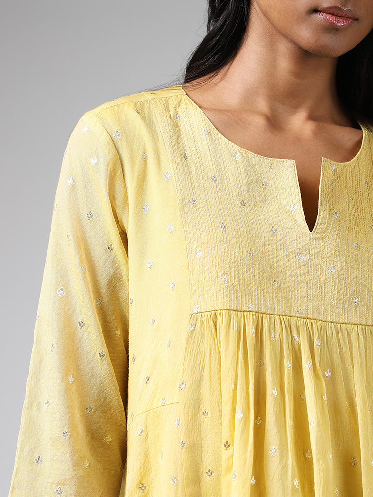 Zuba Yellow Embroidered Cotton Gathered Kurta with Inner