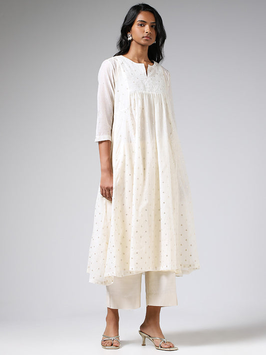 Zuba Off White Embroidered Gathered Kurta with Inner