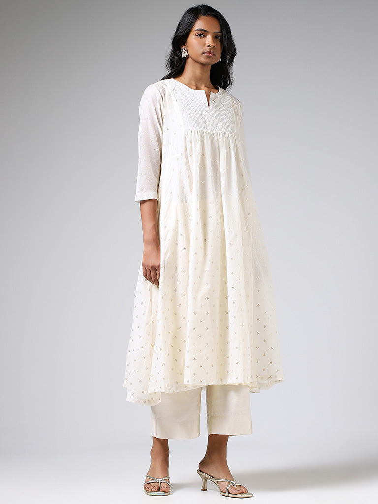 Zuba Off White Embroidered Cotton Gathered Kurta with Inner