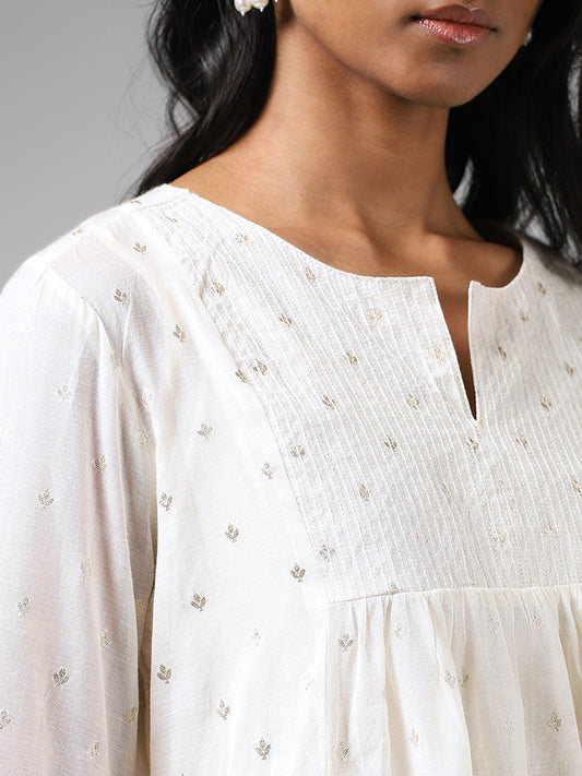 Zuba Off White Embroidered Gathered Kurta with Inner