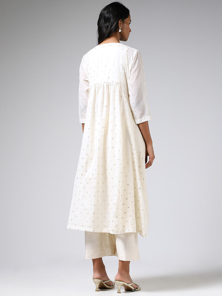 Zuba Off White Embroidered Cotton Gathered Kurta with Inner