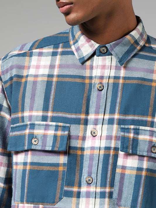 Nuon Blue Plaid Checked Relaxed Fit Shirt