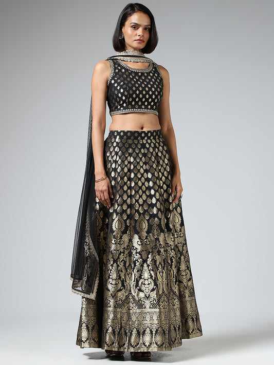 Vark Brocade Printed Black Choli with Skirt & Dupatta