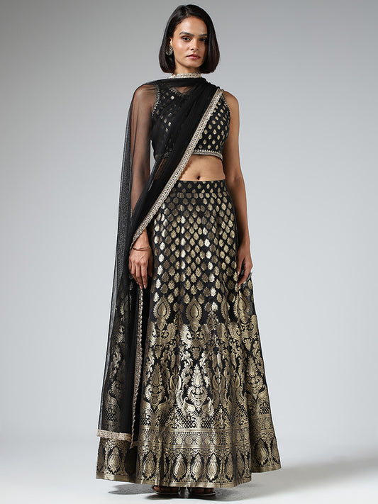 Vark Brocade Printed Black Choli with Skirt & Dupatta