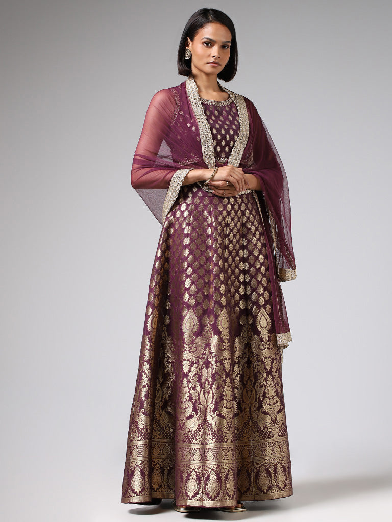 Vark Purple Brocade Choli, Gathered Skirt & Dupatta Set