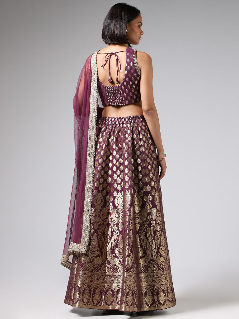 Vark Purple Brocade Choli, Gathered Skirt & Dupatta Set