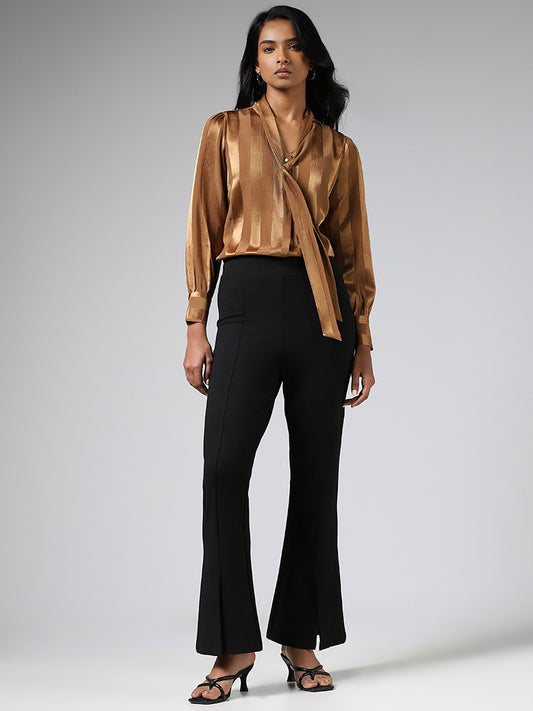 Wardrobe Brown Striped Top With Neck Tie-Up