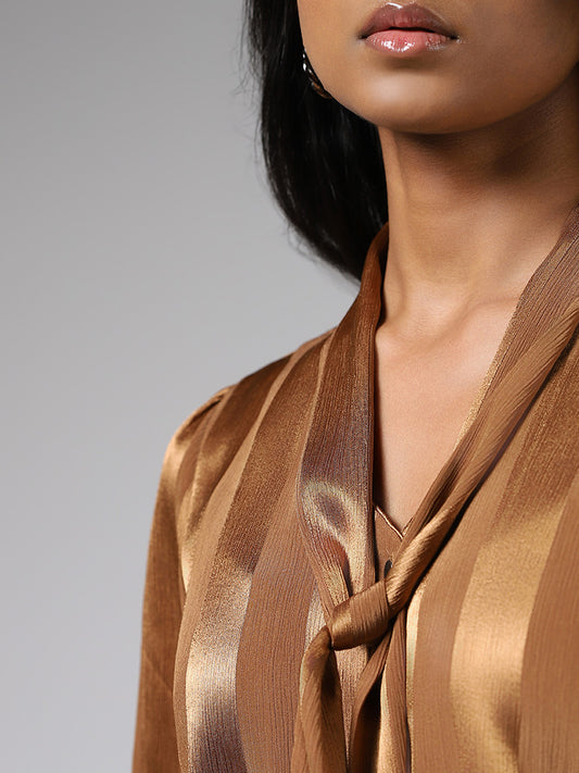Wardrobe Brown Striped Top With Neck Tie-Up