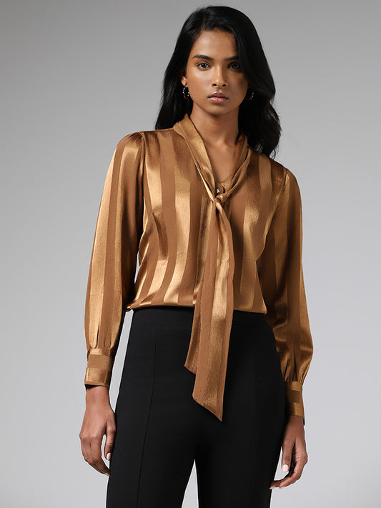 Wardrobe Brown Striped Top With Neck Tie-Up