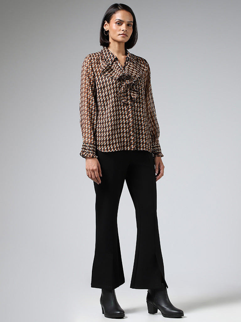 Wardrobe Brown Printed Ruffle Collar Shirt with Camisole