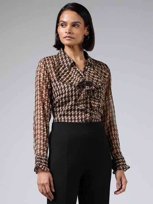 Wardrobe Brown Printed Ruffle Collar Shirt with Camisole