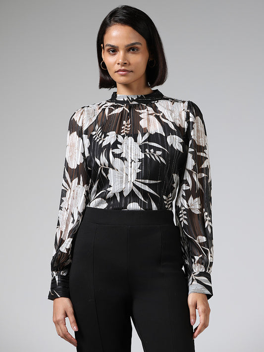 Wardrobe Black & White Floral Printed Top with Camisole