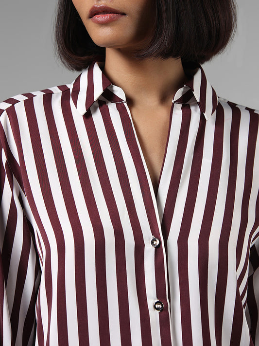 Wardrobe Maroon Striped Slim Fit Shirt