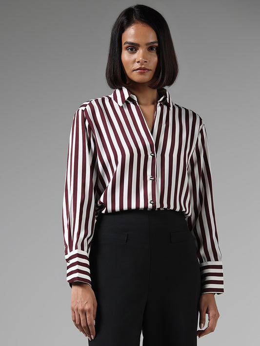 Wardrobe Maroon Striped Slim Fit Shirt