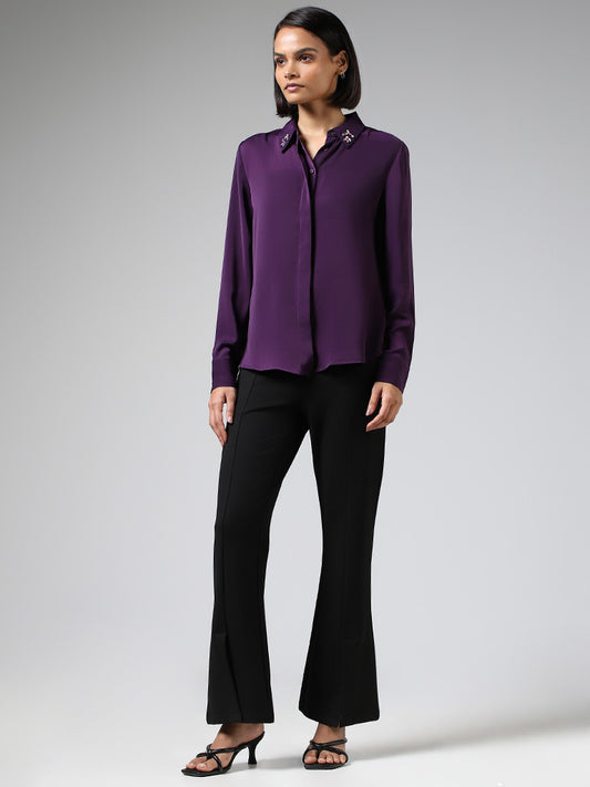 Wardrobe Dark Purple Embellished Collar Satin Shirt