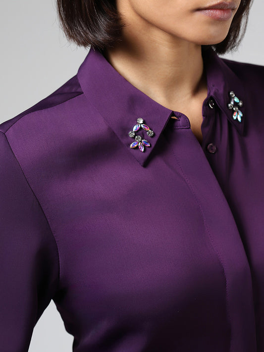 Wardrobe Dark Purple Embellished Collar Satin Shirt