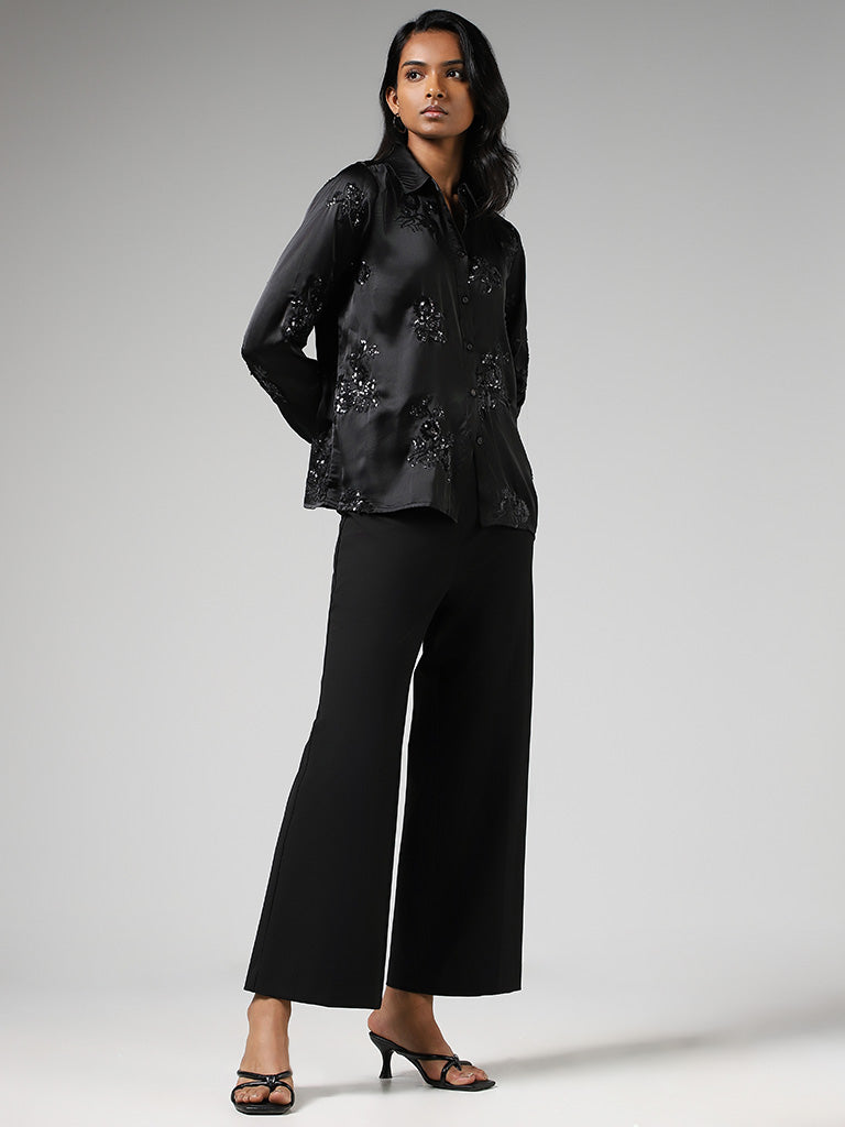 Wardrobe Black Floral Sequin Embroidered Satin Shirt