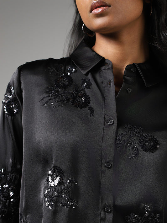 Wardrobe Black Floral Sequin Embroidered Satin Shirt