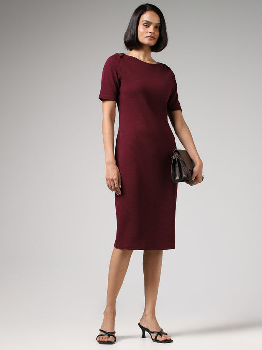 Wardrobe Solid Textured Burgundy Dress
