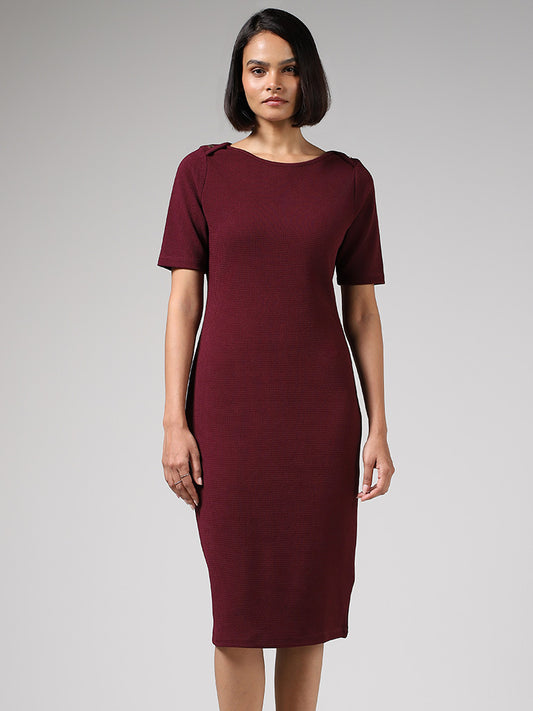 Wardrobe Solid Textured Burgundy Dress