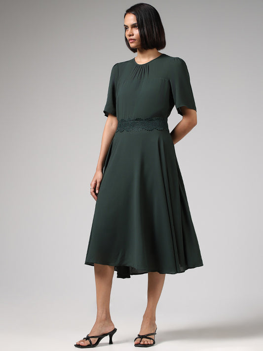 Wardrobe Solid Olive Fit & Flare Dress