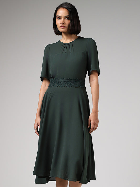 Wardrobe Solid Olive Fit & Flare Dress