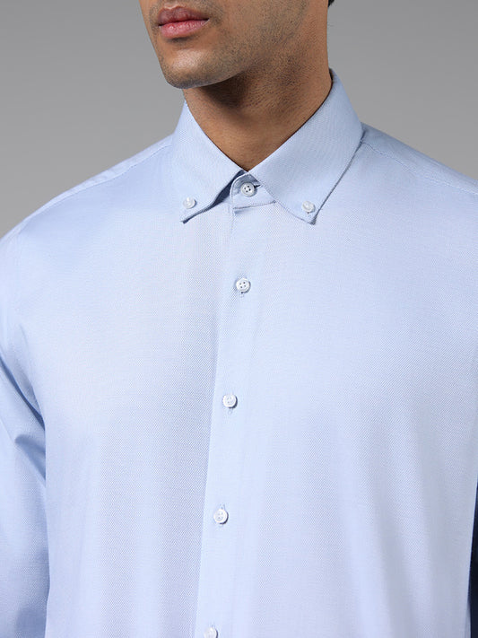 WES Formals Blue Cotton Blend Slim Fit Shirt