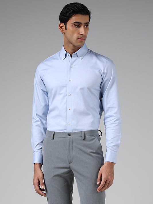 WES Formals Blue Cotton Blend Slim Fit Shirt