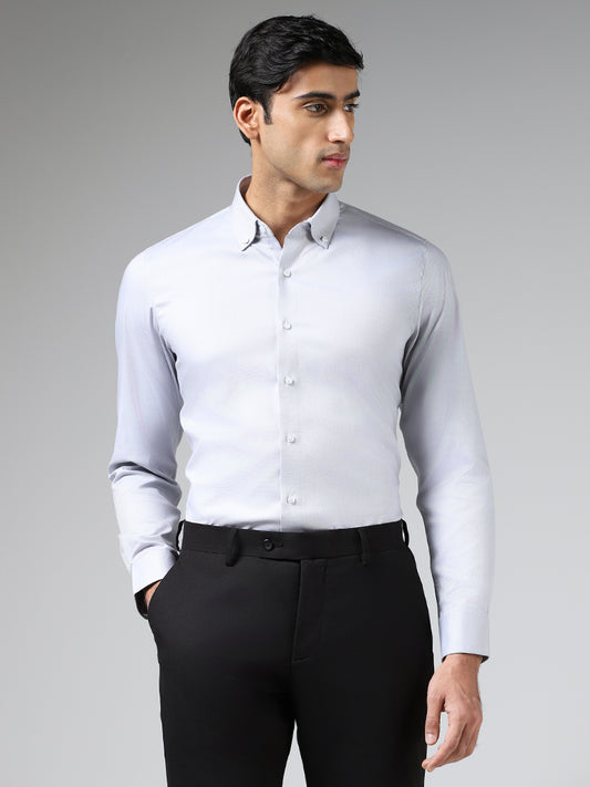 WES Formals Solid Light Grey Cotton Blend Slim-Fit Shirt