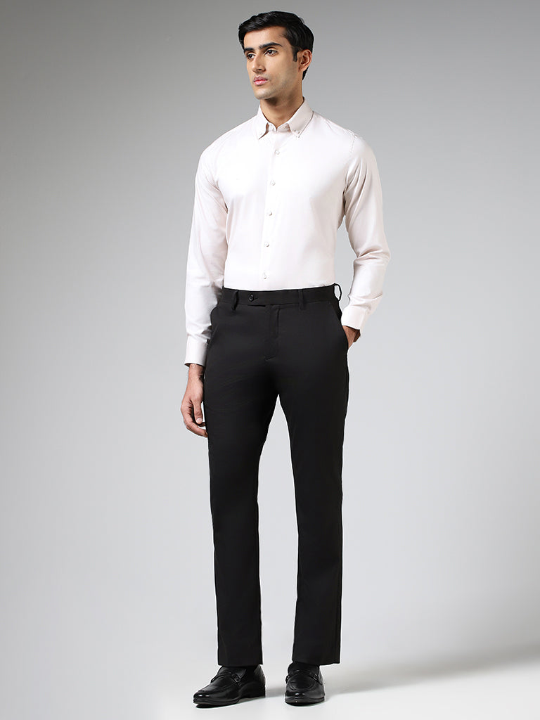 WES Formals Solid Cream Cotton Blend Slim Fit Shirt