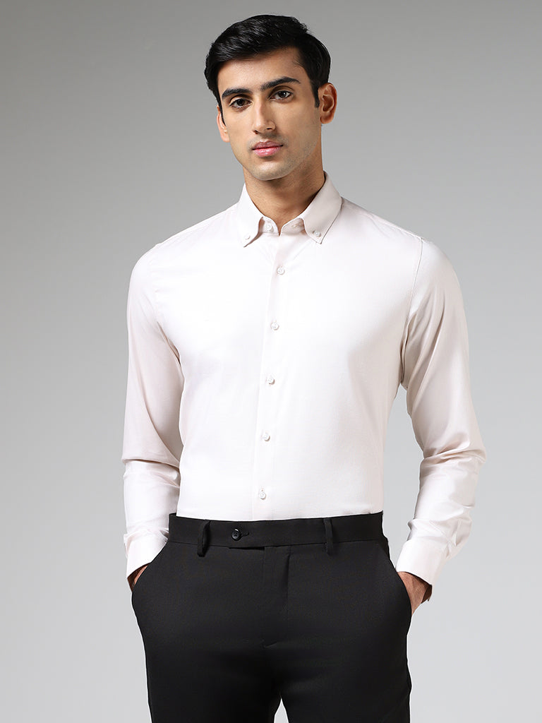 WES Formals Solid Cream Cotton Blend Slim Fit Shirt