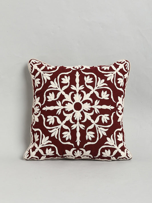 Westside Home Maroon Damask Embroidered Cushion Cover
